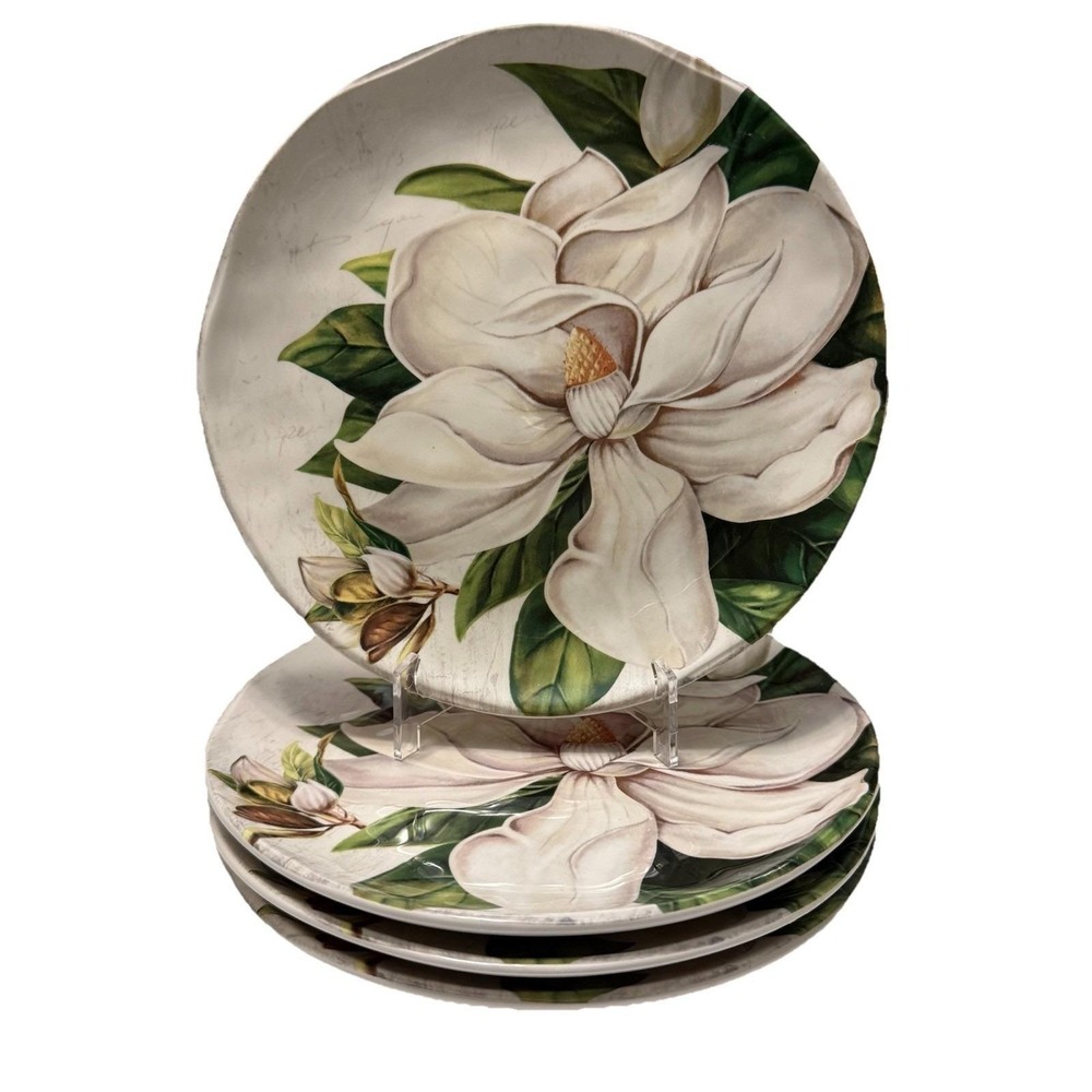 Pier 1 Magnolia Floral Pattern Ironstone 8.75" Salad Plates Set of Four RARE